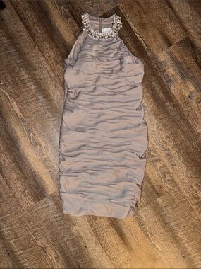David's Bridal Ruched Midi Dress with Jeweled Halter Neck in Taupe